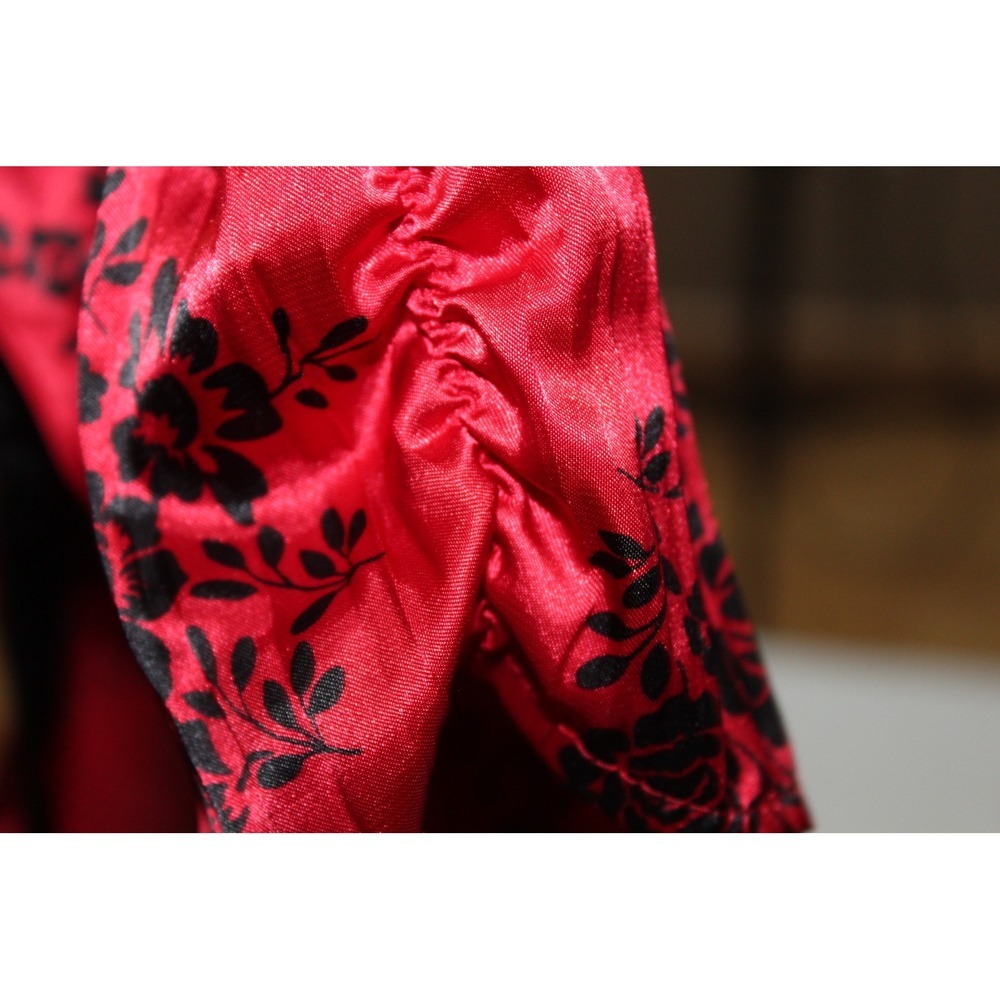 Y2K women's crinkled satin red black floral button down ruched short sleeve - Picture 8 of 10